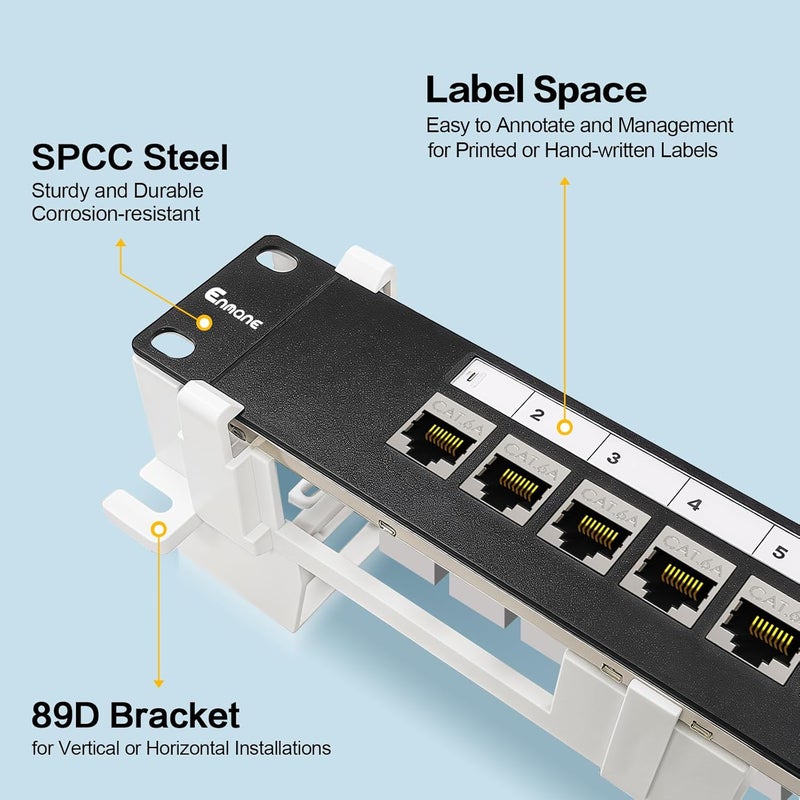 Enmane 8 Port Patch Panel Keystone Coupler CAT6A Shielded (EC Listed) Wall Mount 10 Inch with 89D Bracket Ethernet Patch Panel (CAT6A) - Image 2